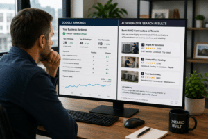 Office workspace with analytics dashboard