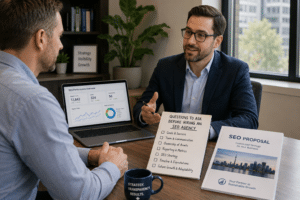 SEO strategy consultation in a modern office